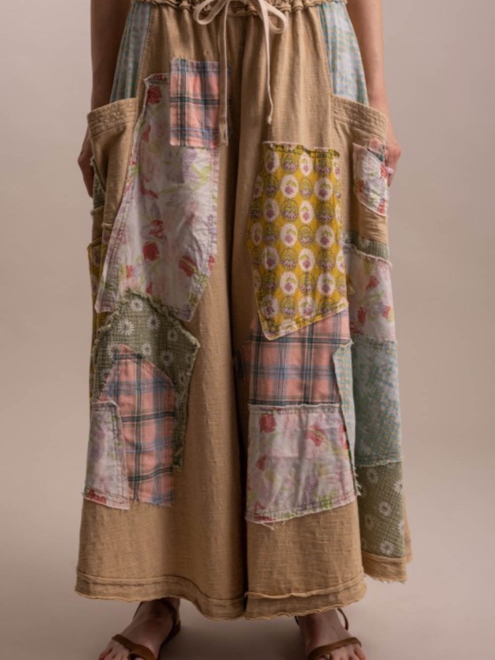Bluevelvet Boho Patchwork Wide-Leg Pants - Beige with Pastel Patches - Picture 8 of 8